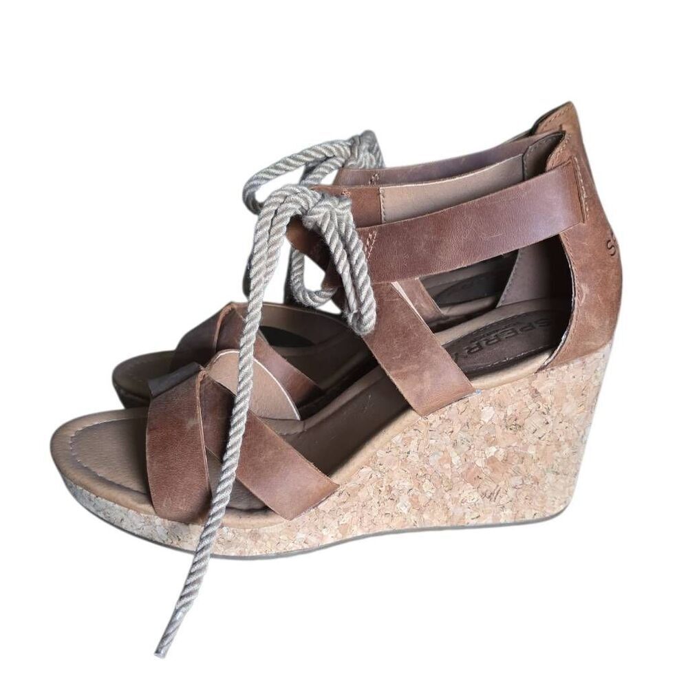 Sperry Women's Size 6.5 Tan Leather Cork Rope Tie Wedges